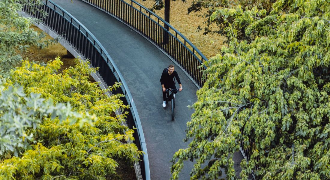 The Oslo A man cycling on a bridge, flanked by lush green trees, creating a serene outdoor scene.